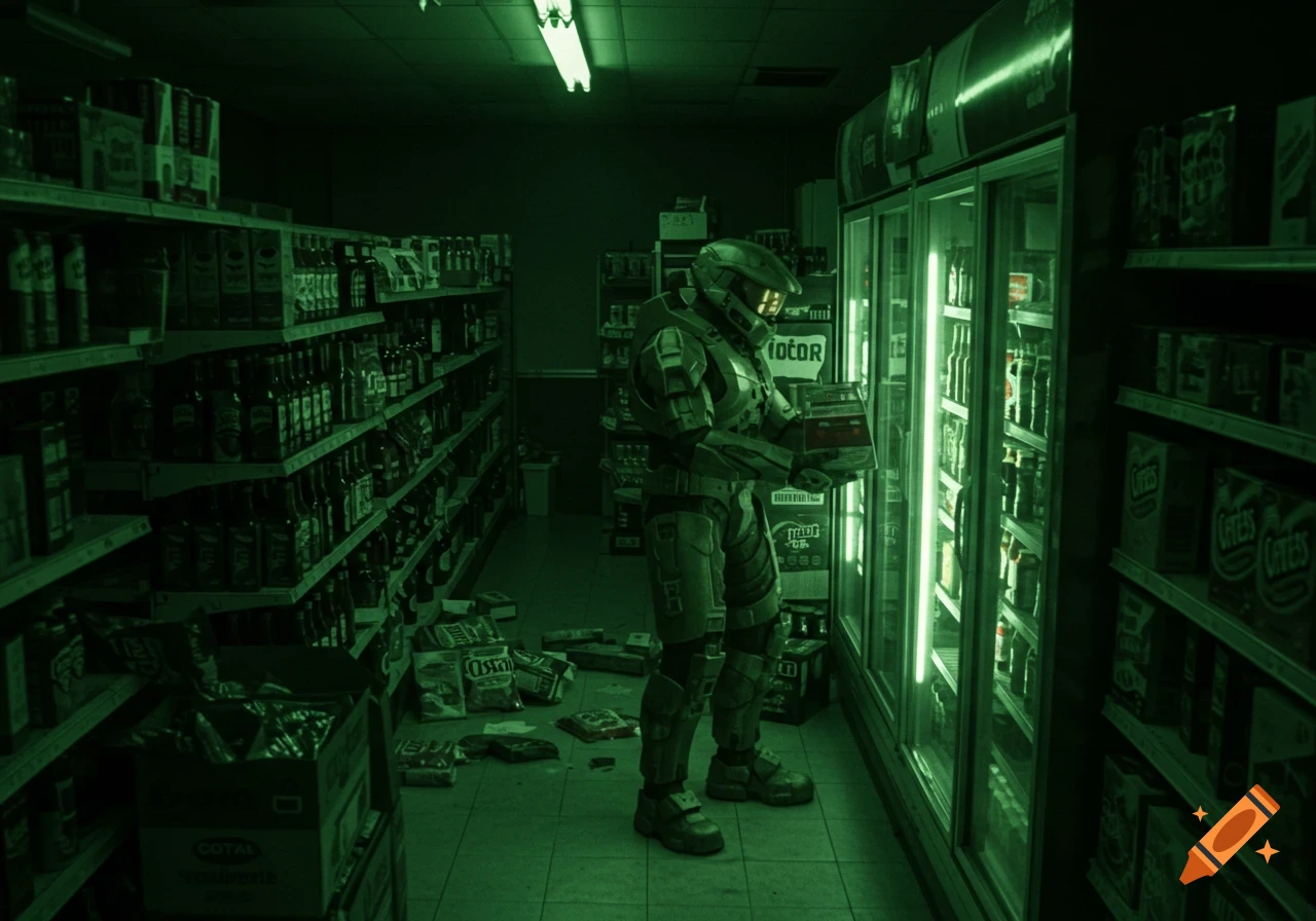 A green-tinged image of Master Chief from Halo, wearing his full armor, standing in a messy convenience store aisle, holding a box near a refrigerator.