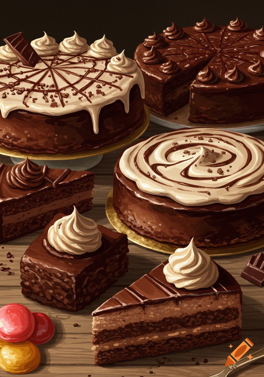Various chocolate cakes and slices, some with white frosting and chocolate drizzles, on a wooden table with macarons.