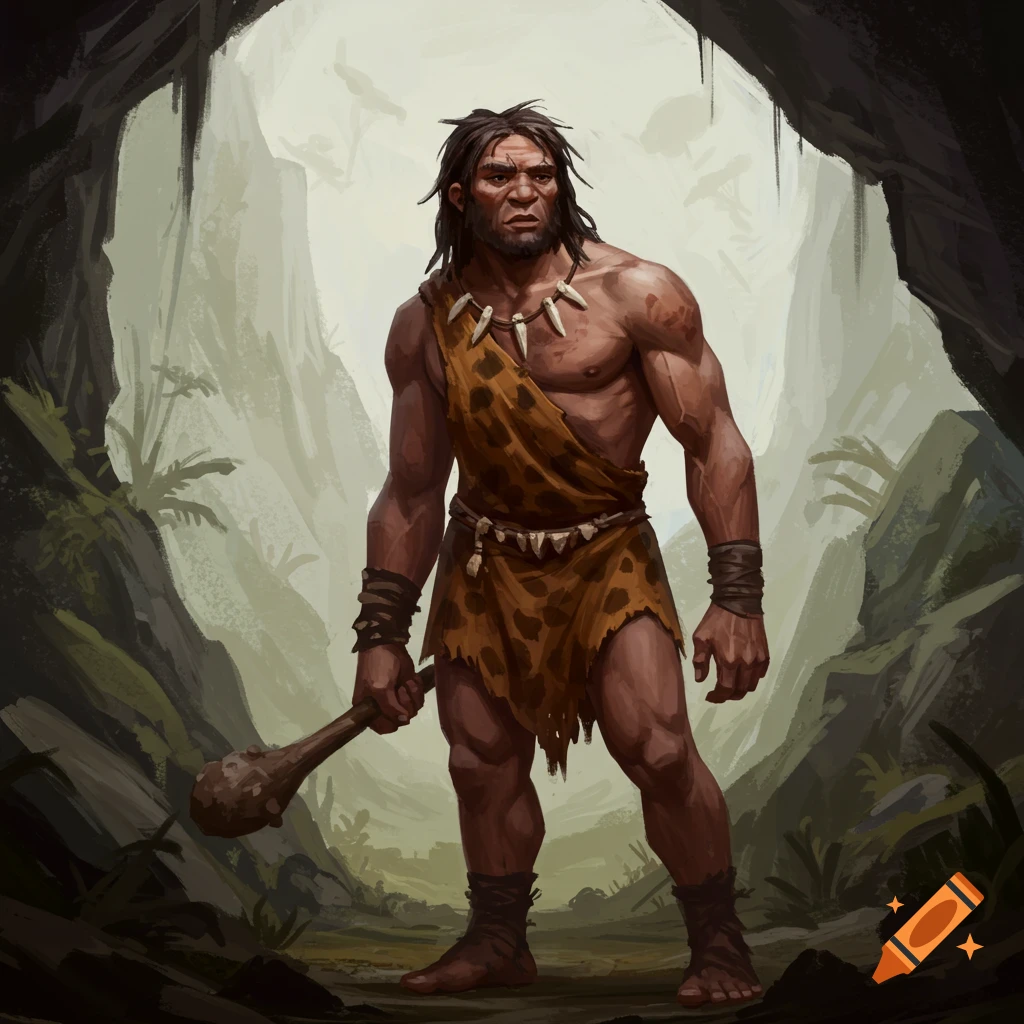 A muscular caveman with long hair and a loincloth stands in a cave entrance, holding a wooden club. Illustrated style.