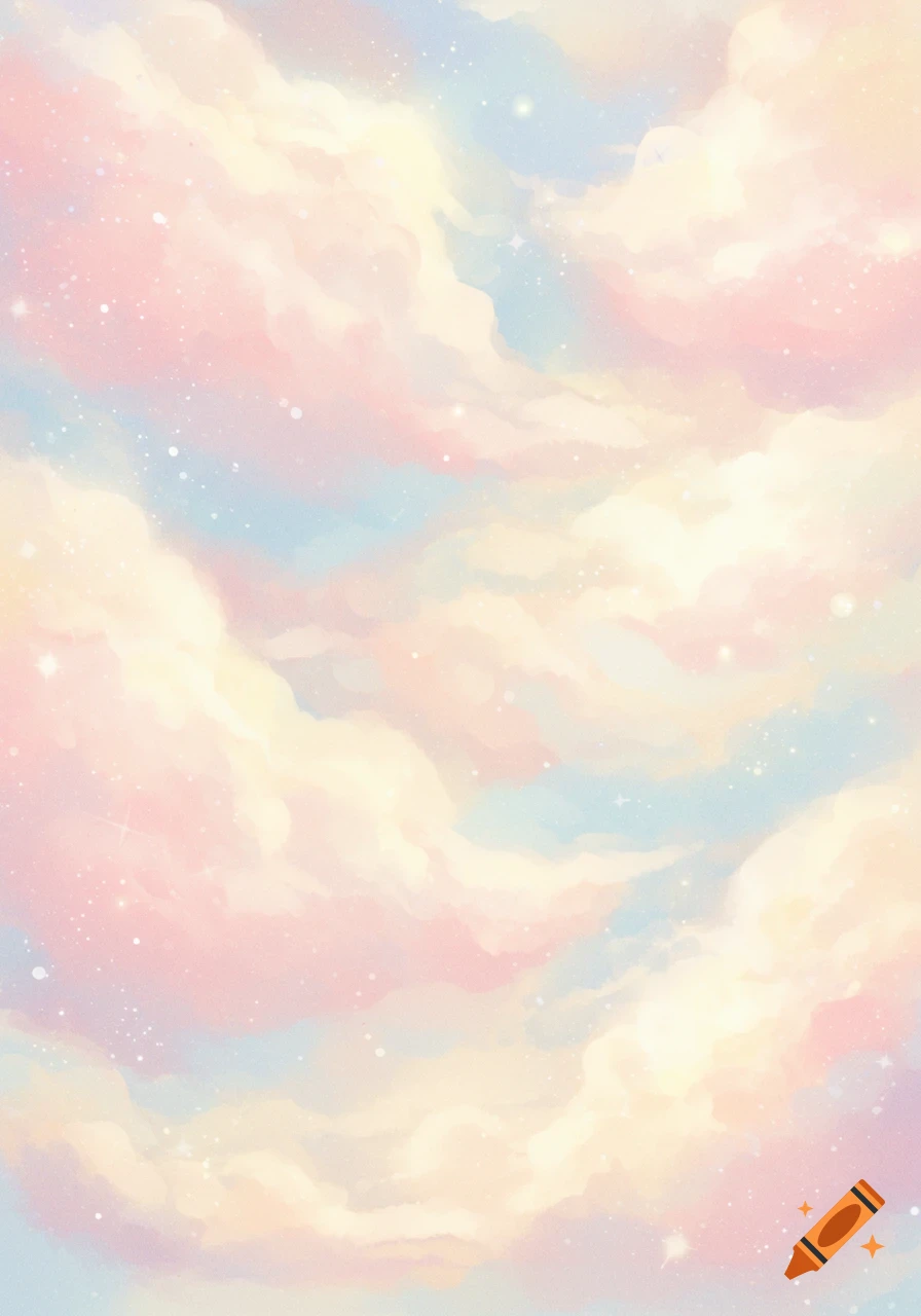 Dreamy pastel clouds in pink, blue, and yellow with subtle sparkles.