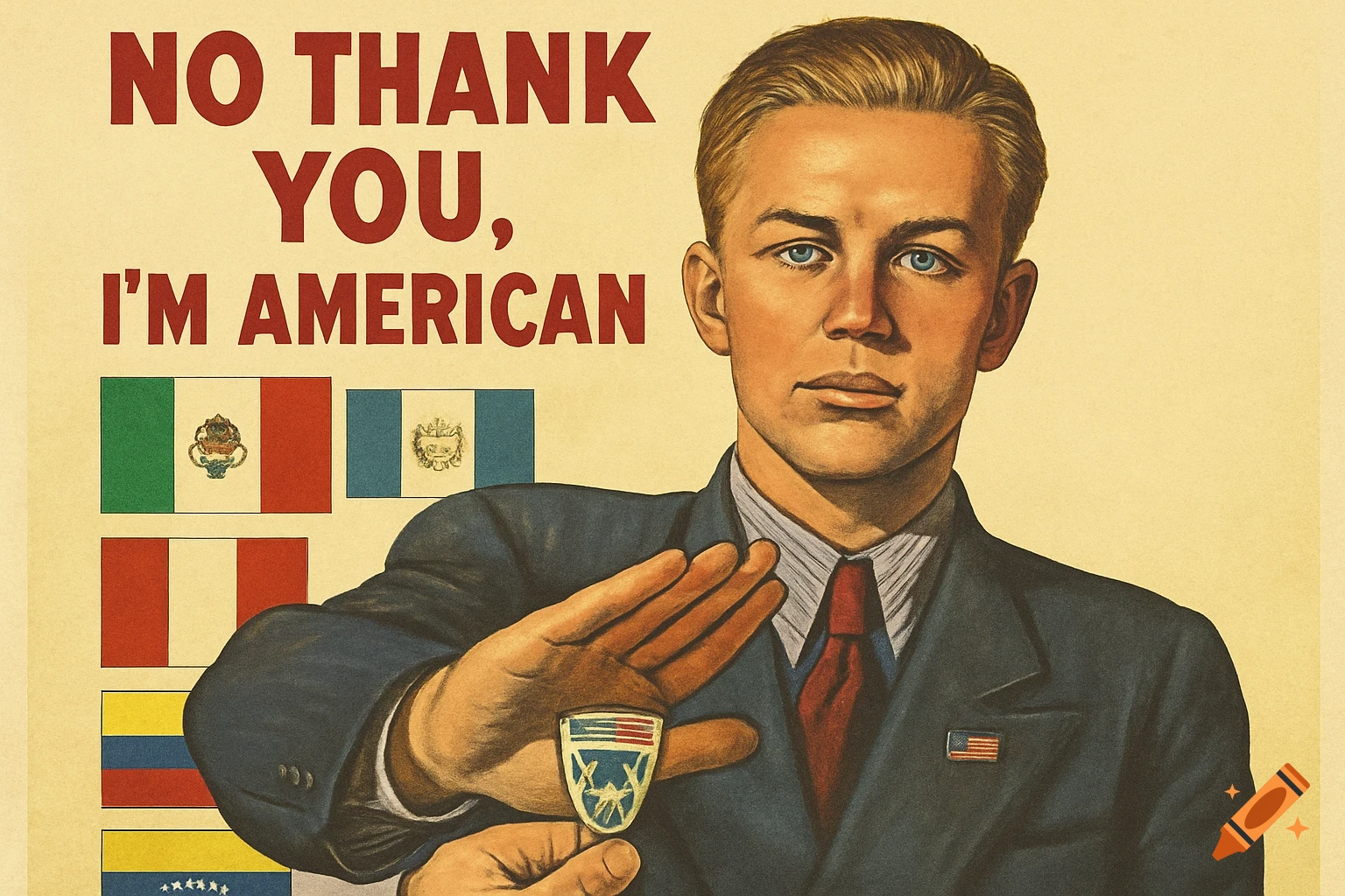 A vintage-style propaganda poster of a young American man in a suit holding his hand out in a stop gesture towards various Central and South American flags, with the text 'NO THANK YOU, I'M AMERICAN' in red.