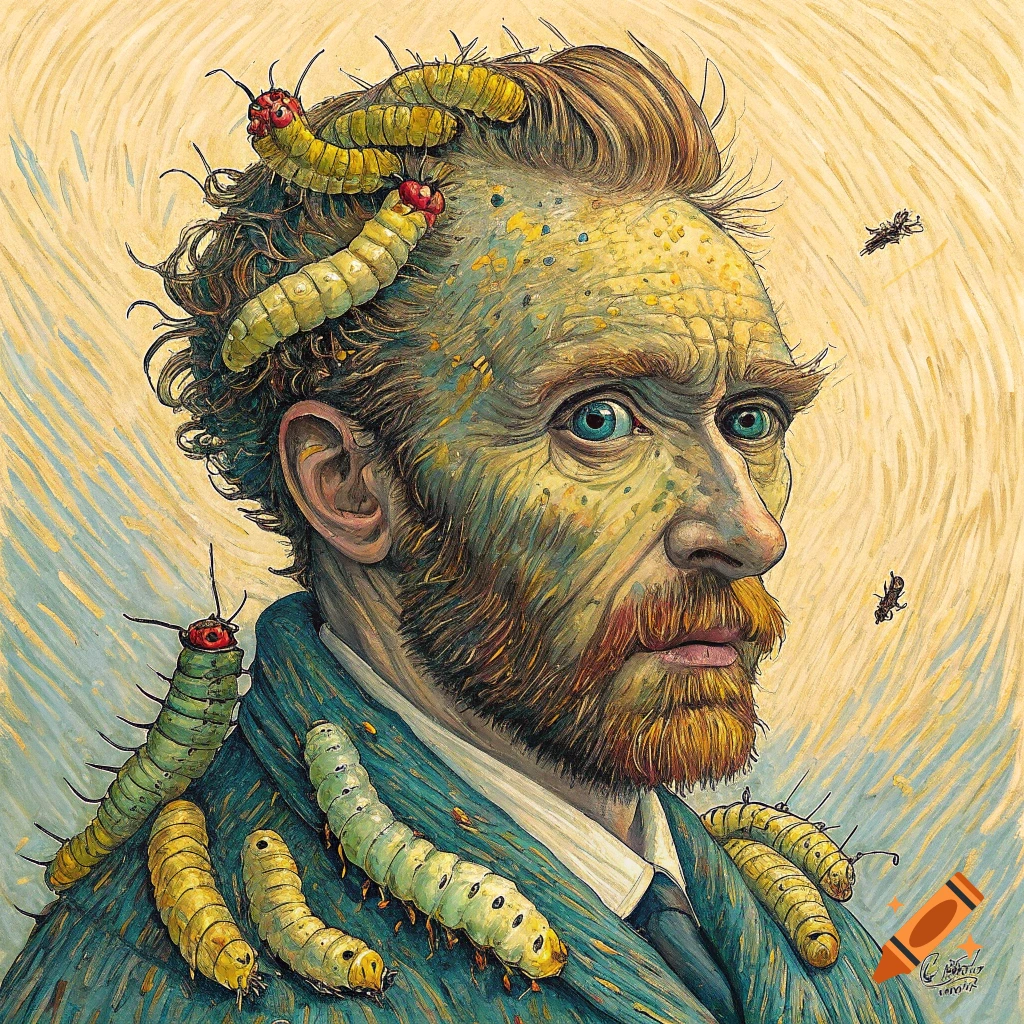 A painterly portrait of a man resembling Van Gogh covered in caterpillars on his head and shoulders.