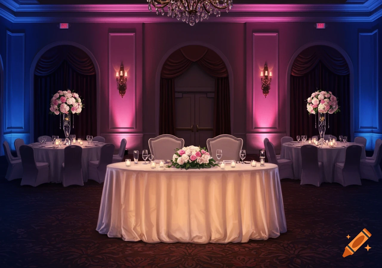 A beautifully decorated ballroom for a wedding reception, featuring a sweetheart table and round guest tables with blue and pink uplighting.