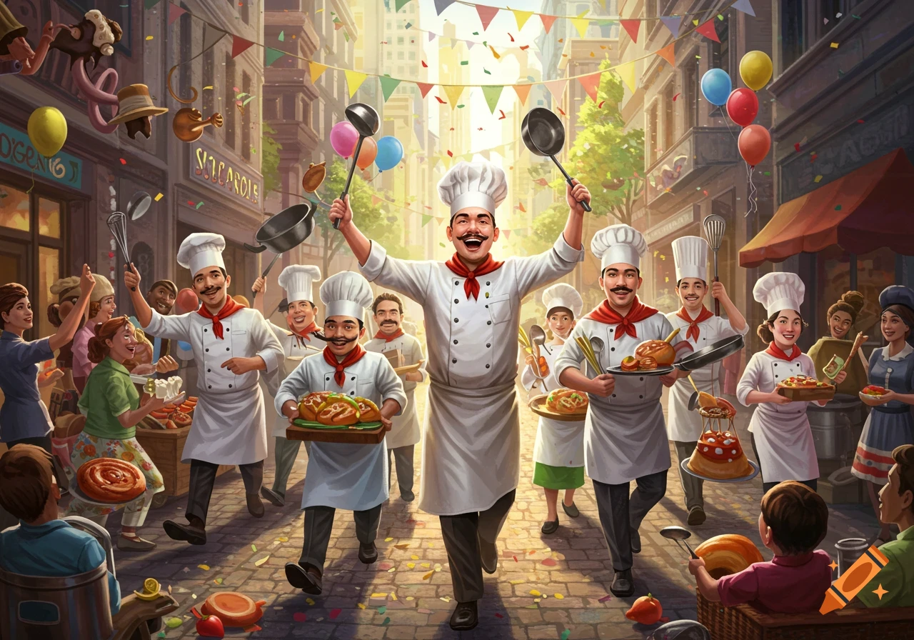 A cheerful parade of chefs celebrating in a bustling city street, carrying food and cooking utensils, with confetti and balloons.
