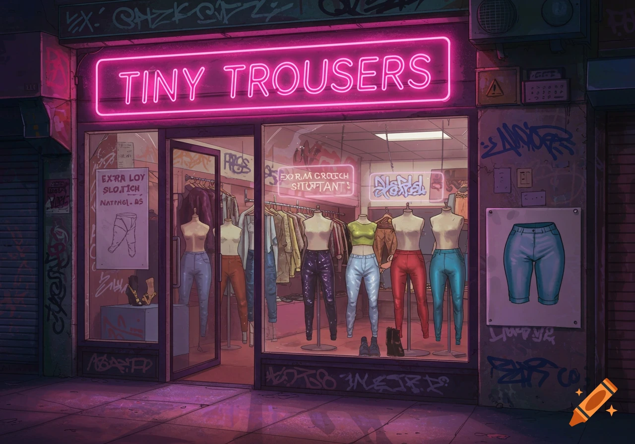 A neon-lit clothing store called "Tiny Trousers" at night, with mannequins displaying various pants and graffiti on the walls.