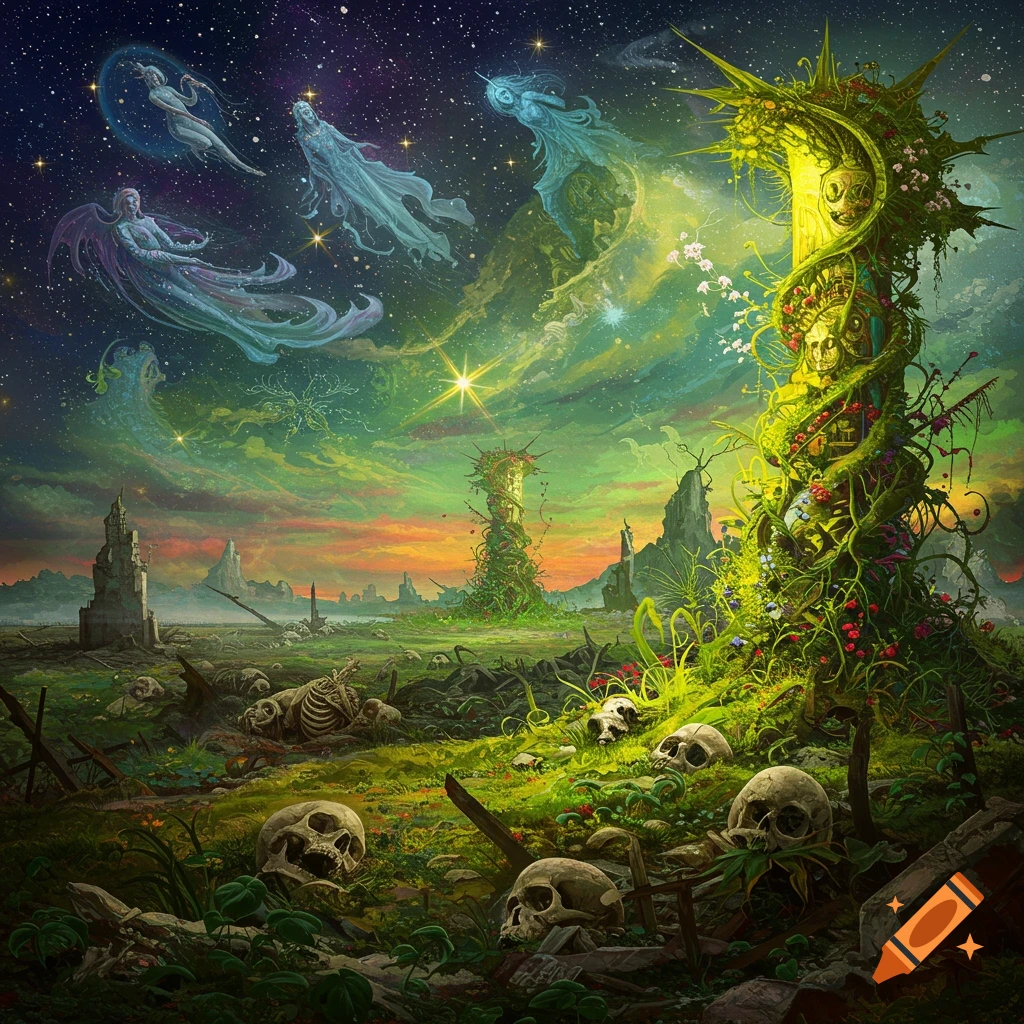 A vibrant fantasy landscape depicts glowing green plant-covered pillars amidst scattered skulls and skeletons on the ground, with ethereal figures floating in a starry sky.