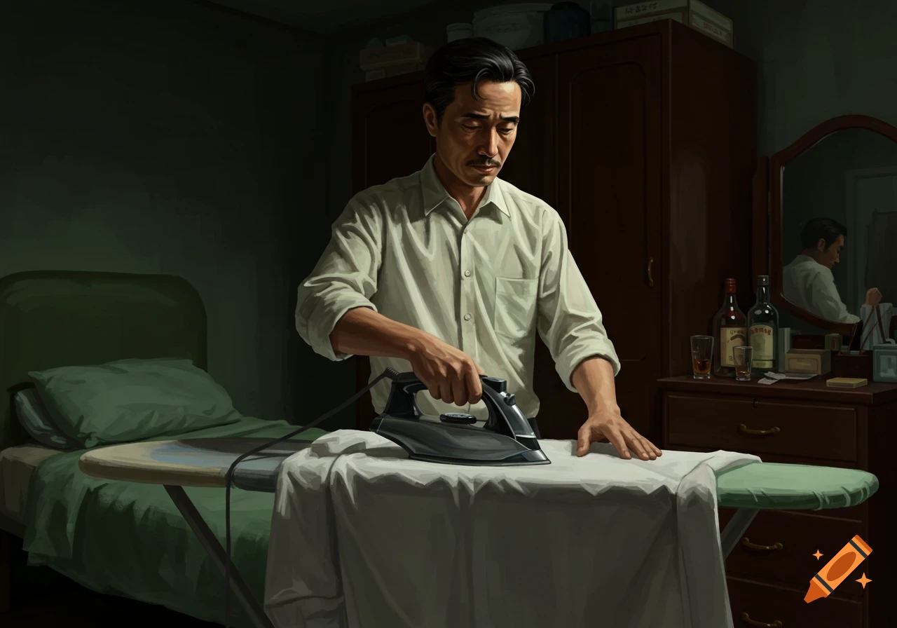 A man with a mustache irons a white shirt on an ironing board in a dimly lit, somber room with a bed and dresser, in a painterly style.