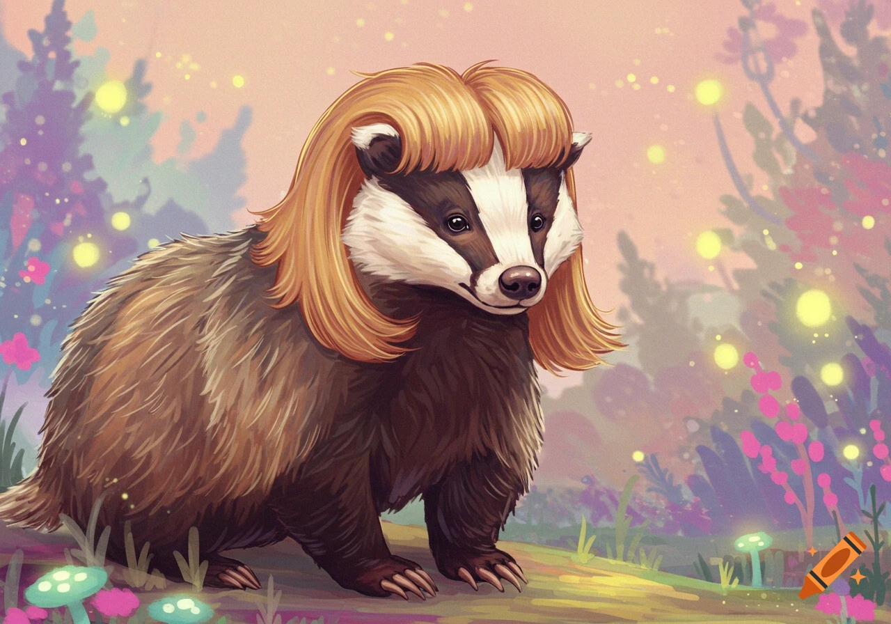 A digital illustration of a badger wearing a blonde wig in a whimsical, glowing forest.