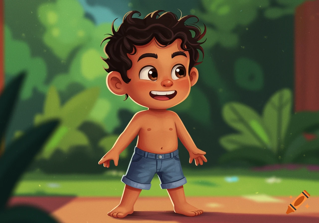 Cartoon boy with curly hair and blue shorts stands barefoot in a lush green outdoor setting.
