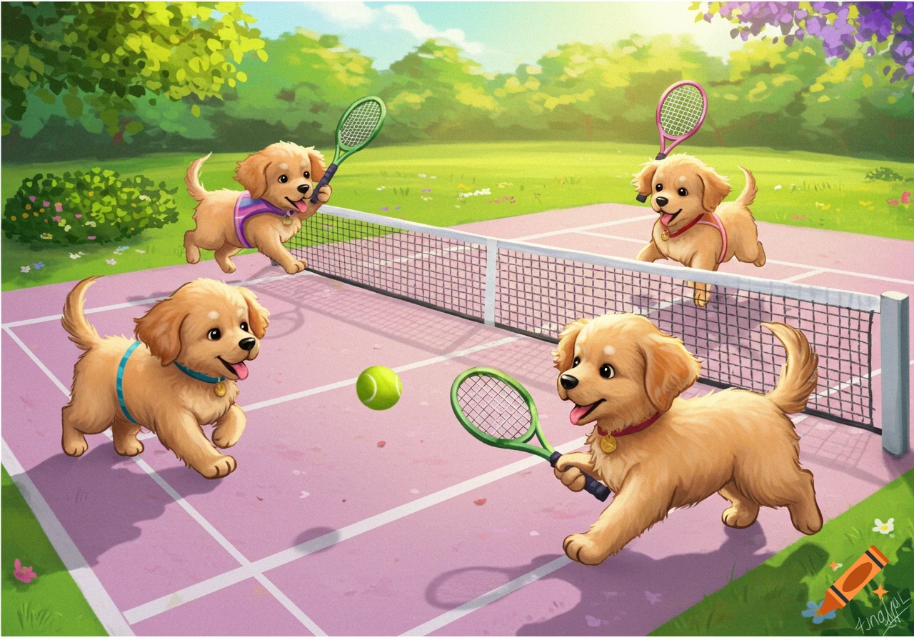 Four happy puppies playing doubles tennis on a pink court in a vibrant illustration.