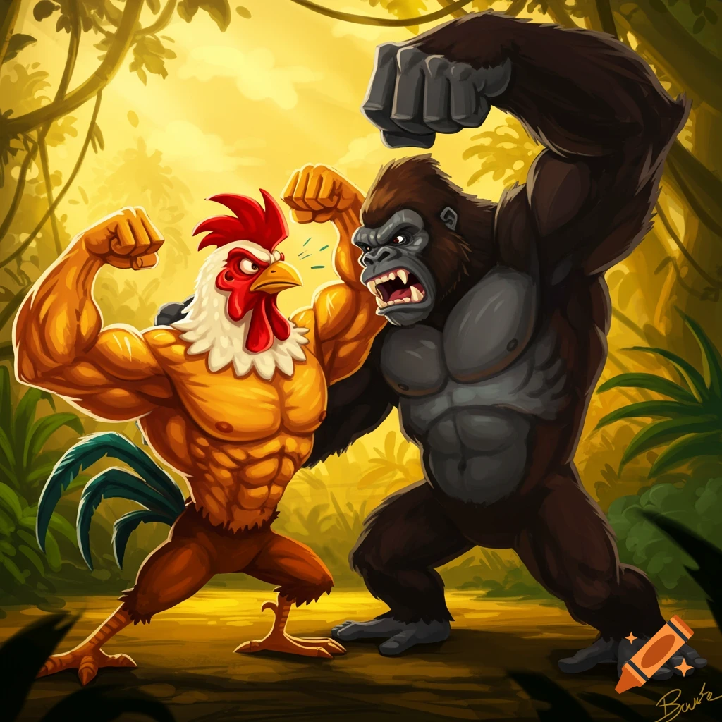 A cartoon muscular chicken and a gorilla face off in a jungle, both flexing their muscles in a vibrant illustration.