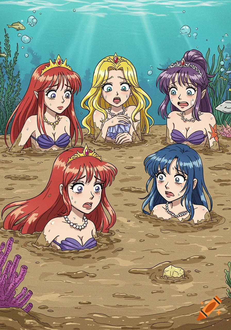 Anime-style illustration of five scared mermaid princesses partially submerged in quicksand on the ocean floor.