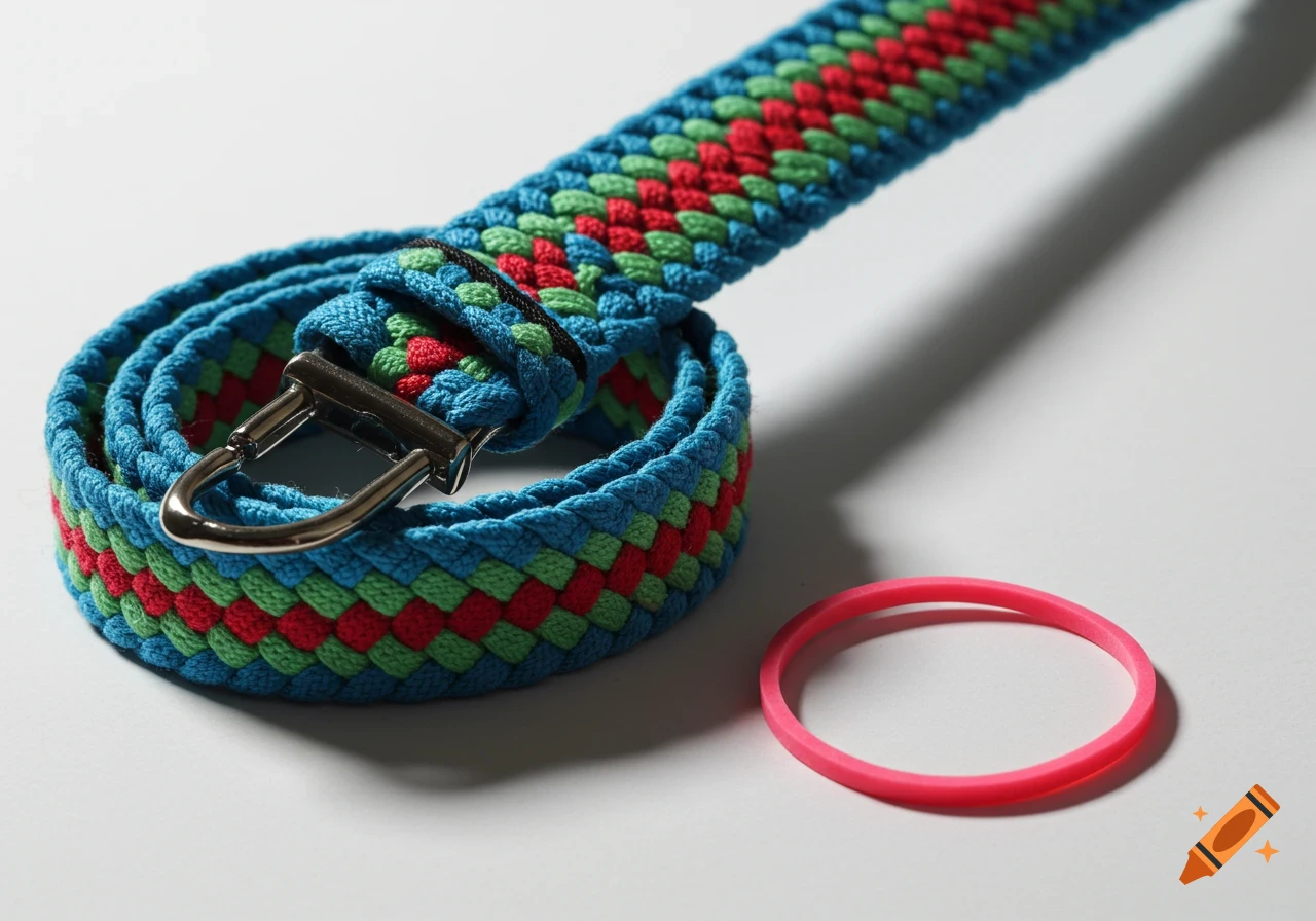 A colorful braided belt with a metal buckle coiled on a white surface next to a pink rubber band.