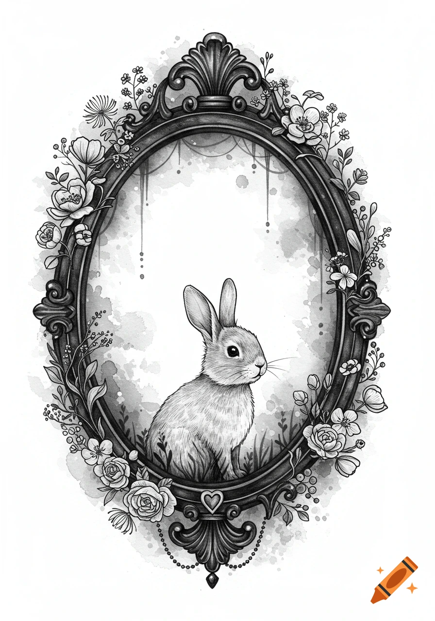 Black and white illustration of a cute bunny sitting inside an ornate gothic frame adorned with delicate flowers and foliage.