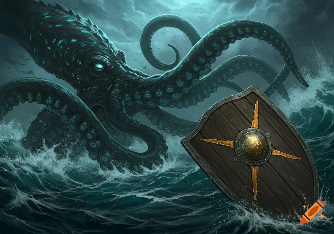 A giant dark kraken with glowing eyes and tentacles rising from stormy teal ocean waves, with a wooden shield floating in the foreground.