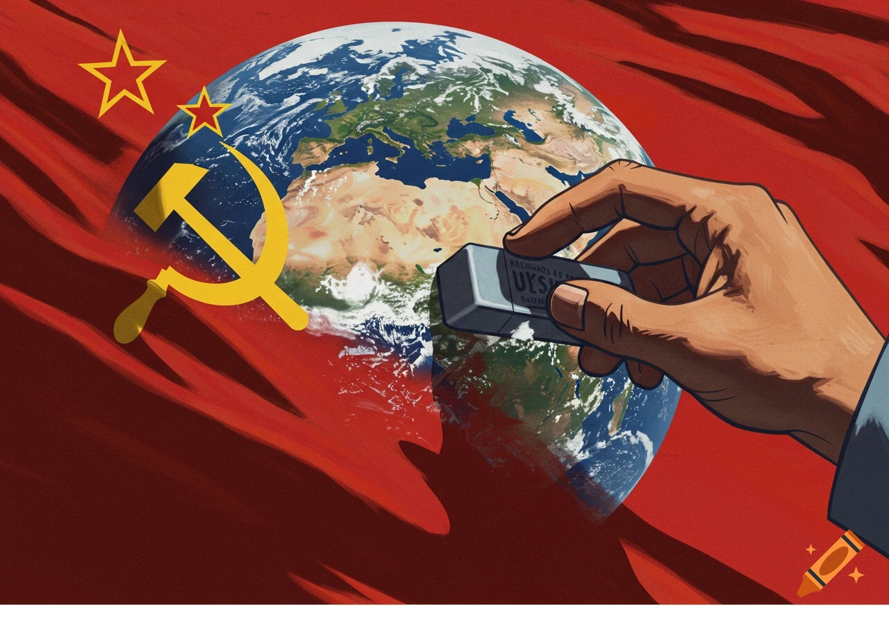 A hand erases the Soviet Union's hammer and sickle symbol and red flag from the Earth in a political illustration.
