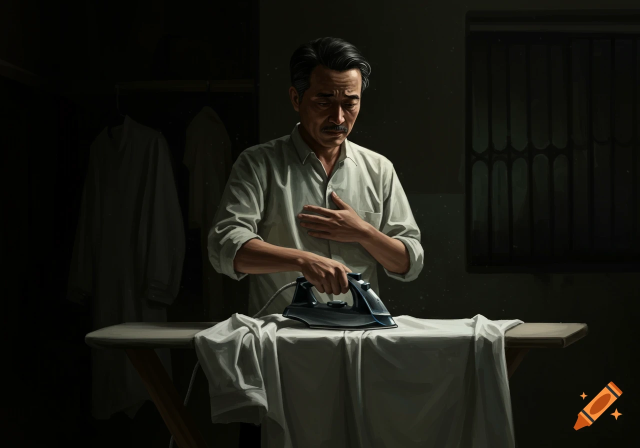 A sorrowful man irons a white shirt on an ironing board in a dimly lit room.