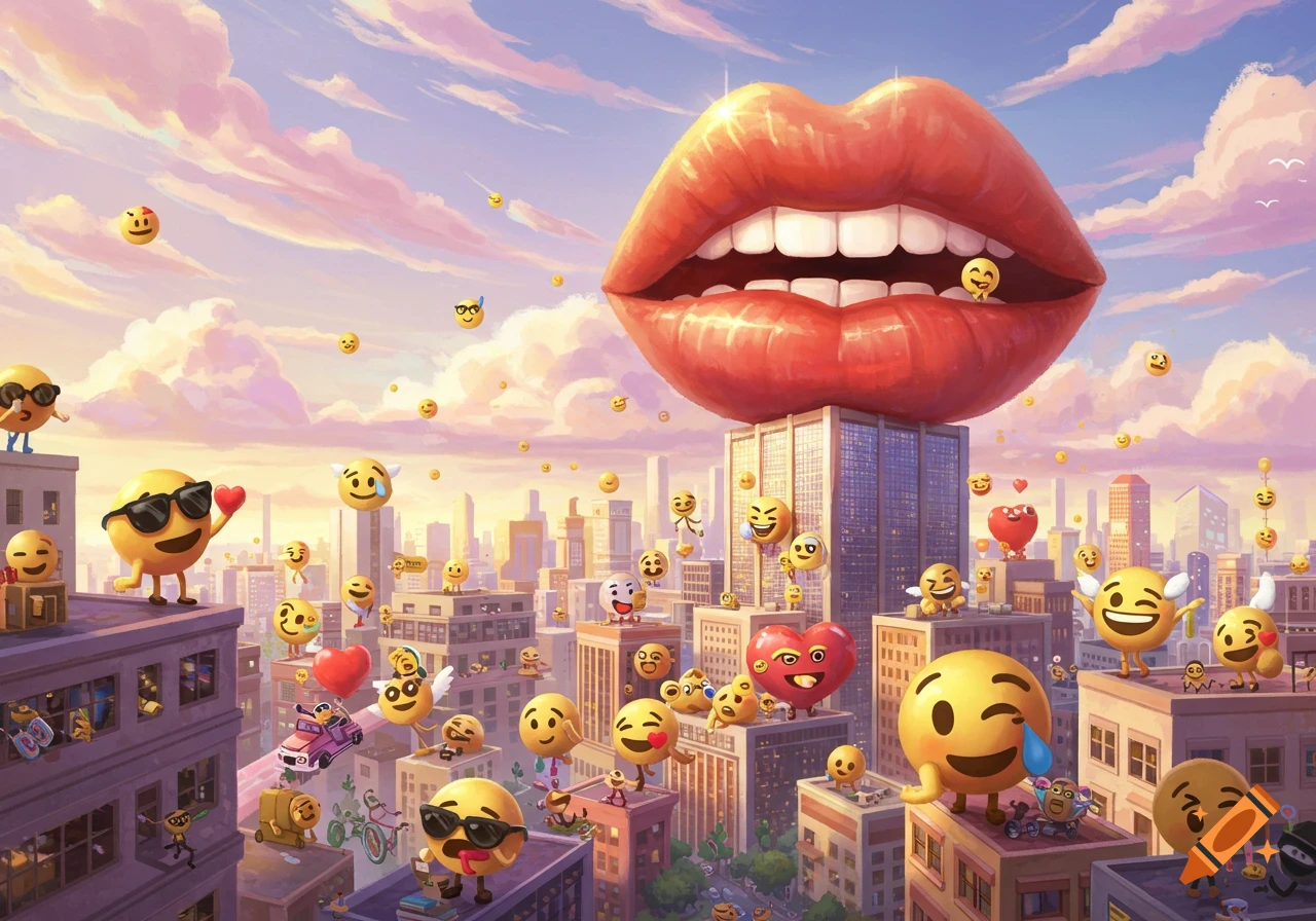 A vibrant cartoon cityscape filled with numerous cheerful emojis, overlooked by a giant red lip-bite emoji in the sky.