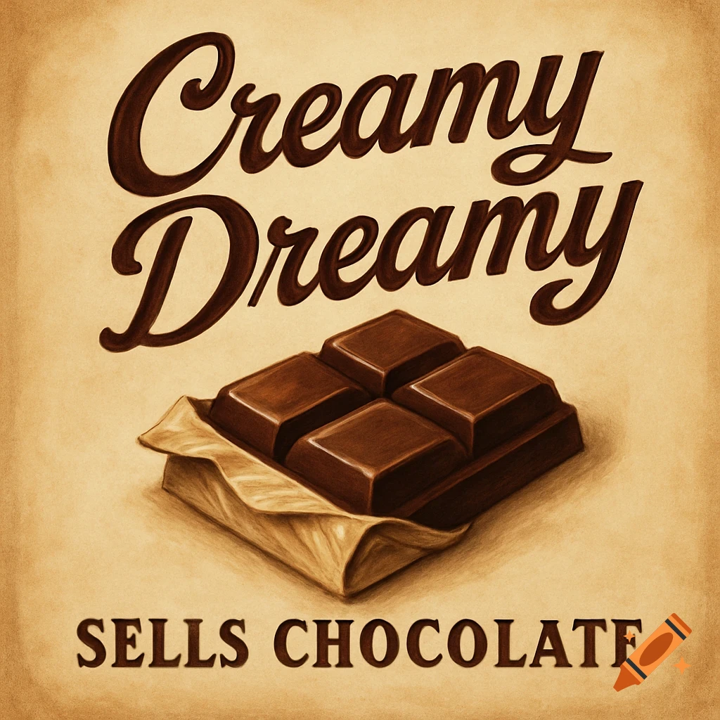 A vintage-style advertisement for 'Creamy Dreamy' chocolate, featuring a bar of chocolate in a wrapper and the text 'SELLS CHOCOLATE'.