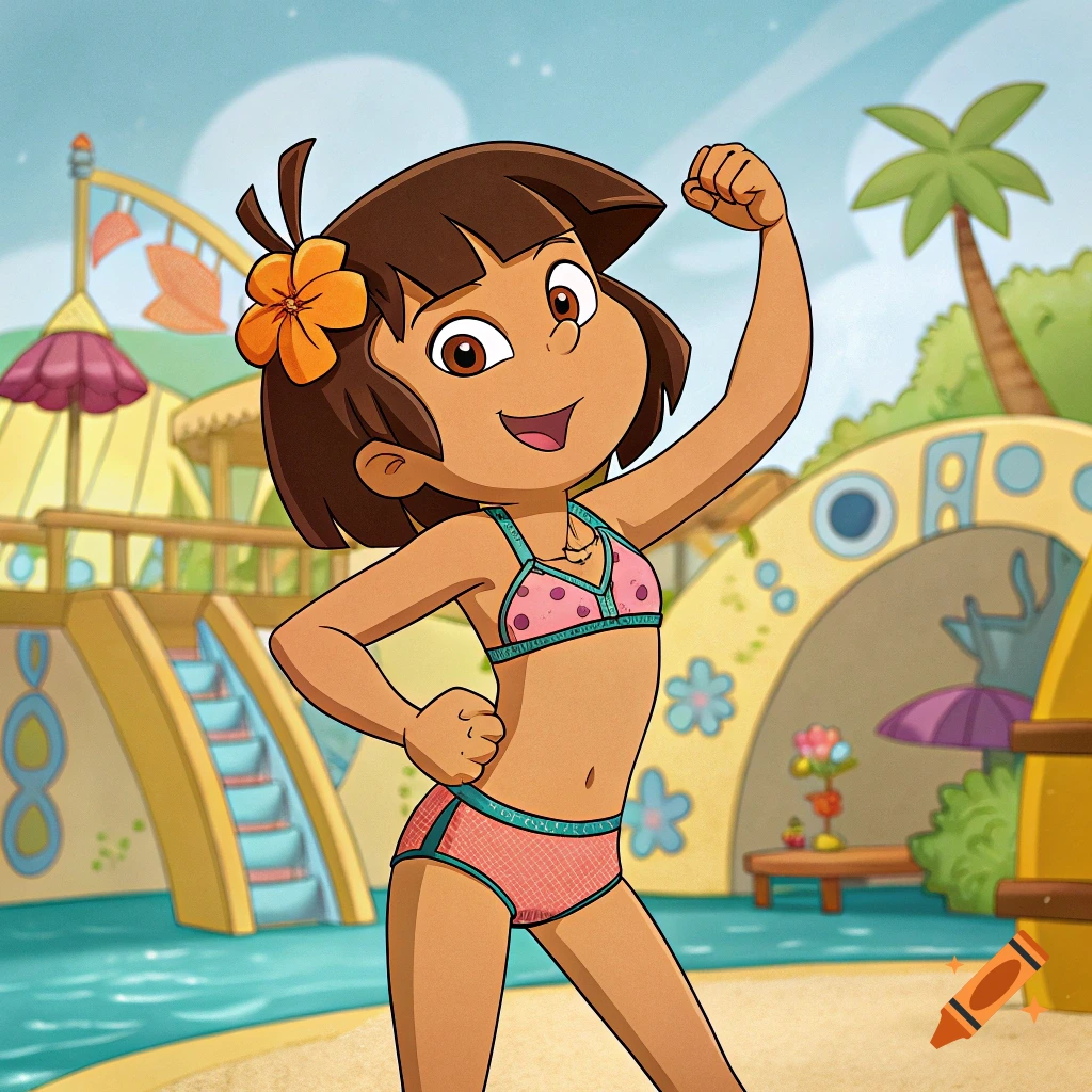 A cartoon girl with short brown hair and an orange flower in her hair poses in a pink polka-dot bikini on a sunny beach with water park features in the background.