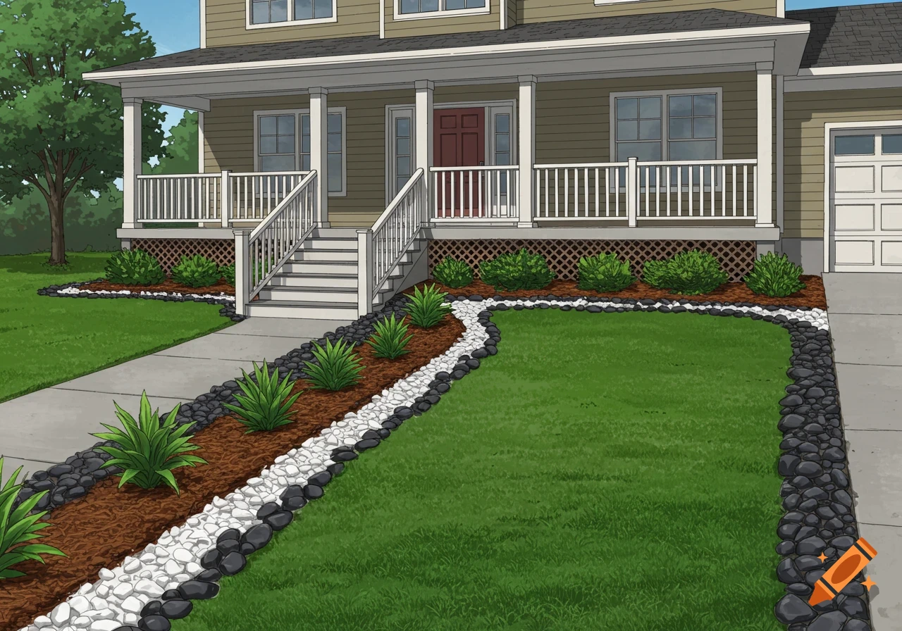 A cartoon-style house with a front porch, white steps, and a driveway. The front yard features brown mulch with green plants, bordered by white and black pebbles, and a lush green lawn.