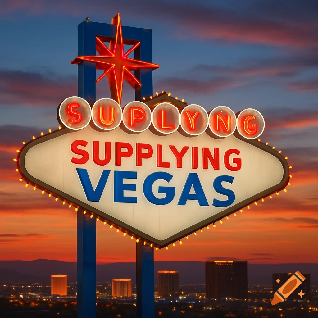 A vibrant neon Las Vegas sign with the words 'SUPPLYING VEGAS' and 'SUPLYNG' at sunset.