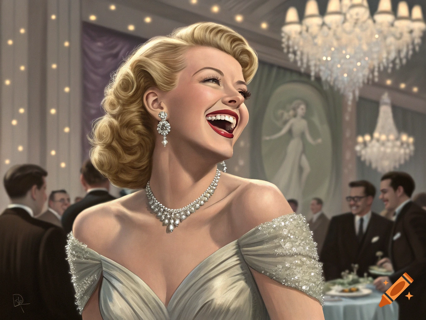 Smiling blonde woman in an off-shoulder gown with diamond jewelry at a formal event, looking right.