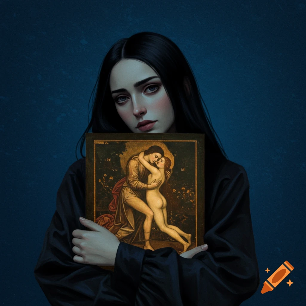 A solemn woman with dark hair holds a Renaissance painting depicting embracing lovers, one nude, against a dark blue background.