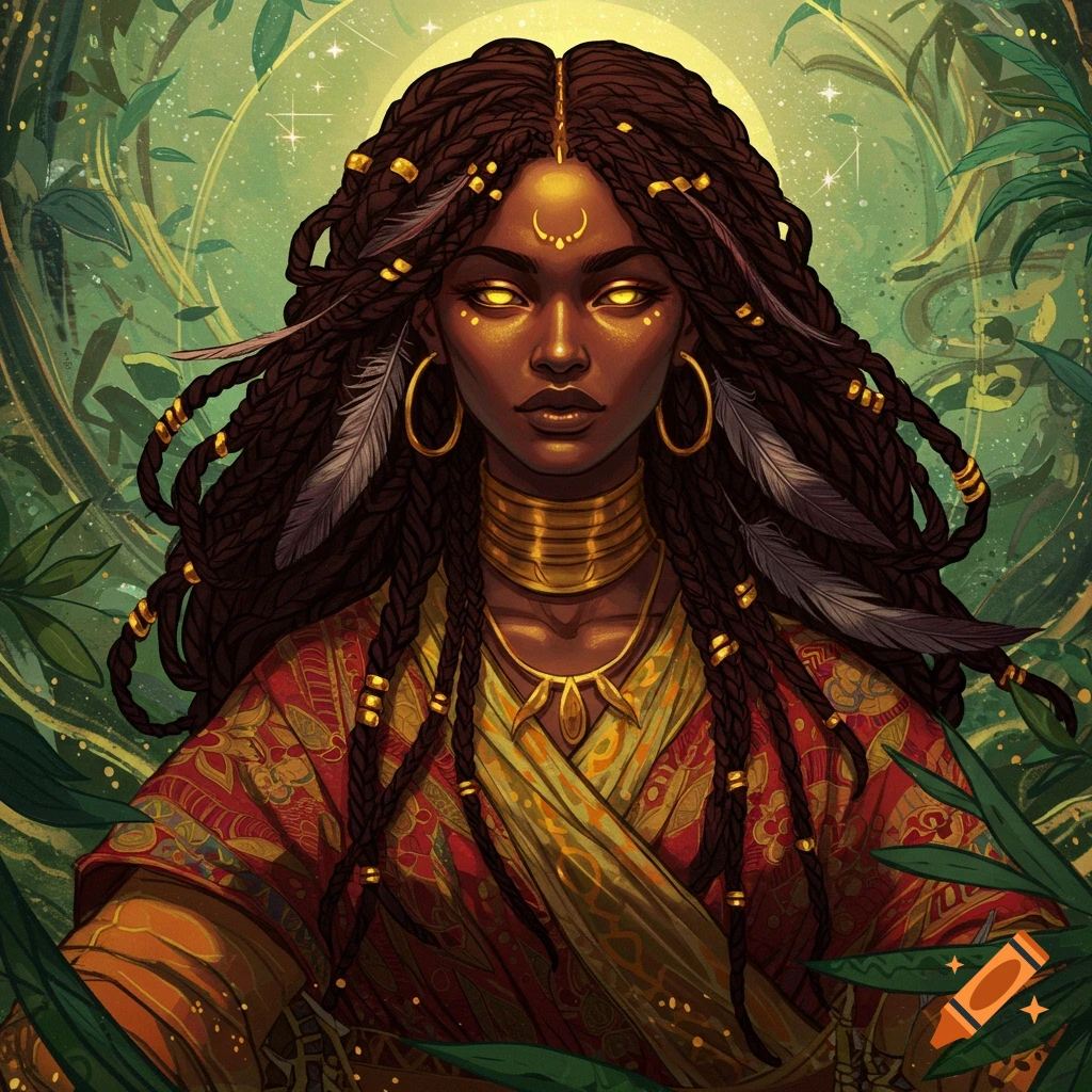 A majestic dark-skinned woman with dreadlocks, glowing eyes, and gold jewelry, set against a vibrant green and gold background in an illustrative style.