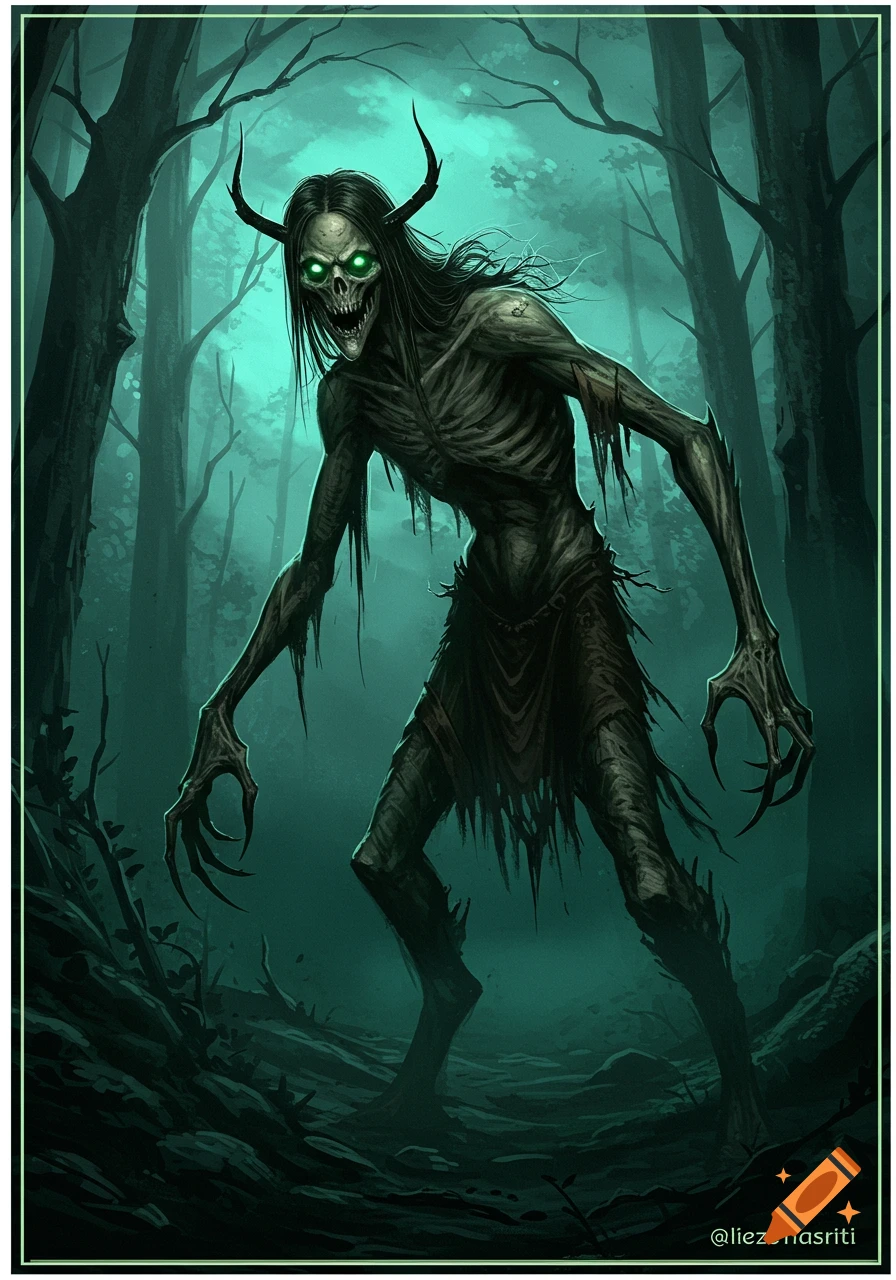 A gaunt, horned creature with glowing green eyes and long claws stands in a dark, eerie forest, in a horror-fantasy art style.