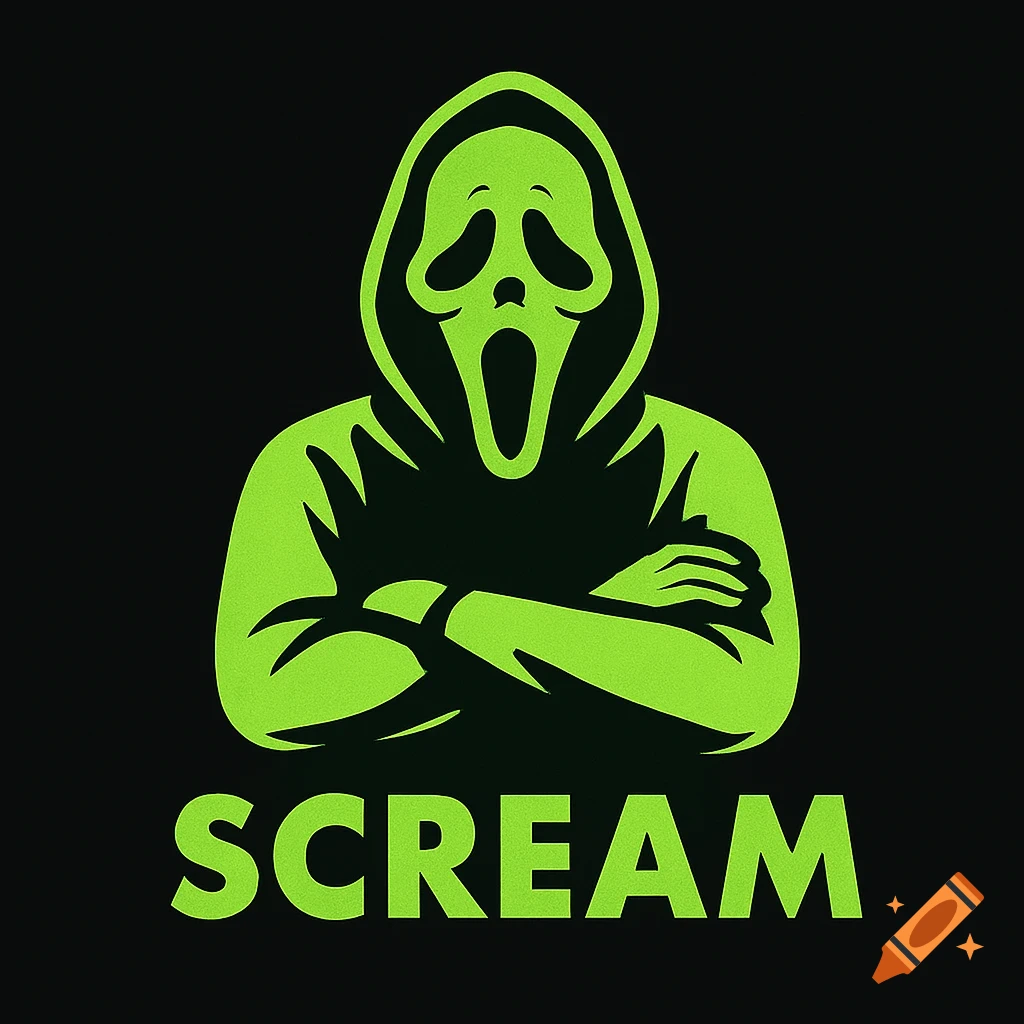 A neon green Ghostface character with crossed arms and the word 'SCREAM' below, on a black background.