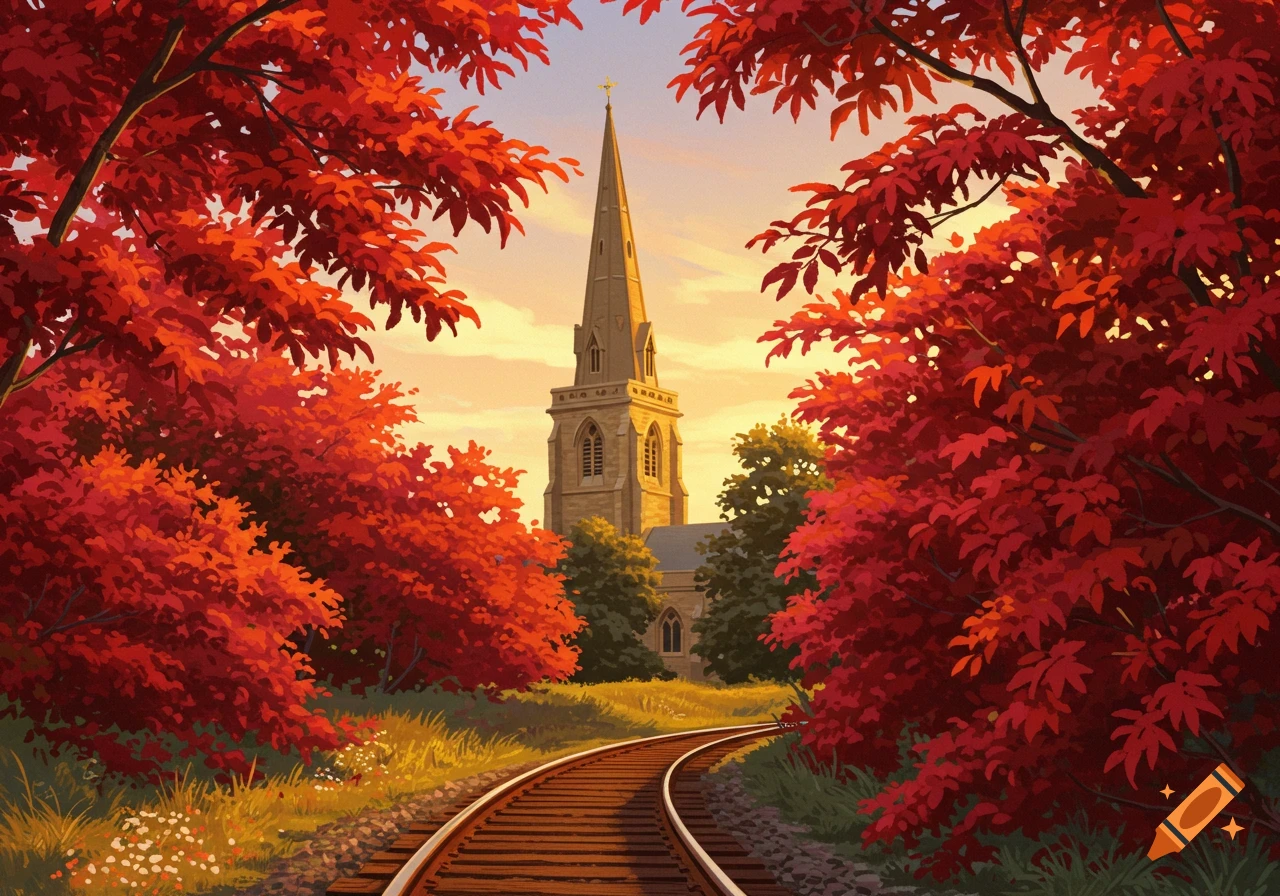 A vibrant autumn landscape with a church spire framed by red maple leaves and train tracks leading towards it under a sunset sky.