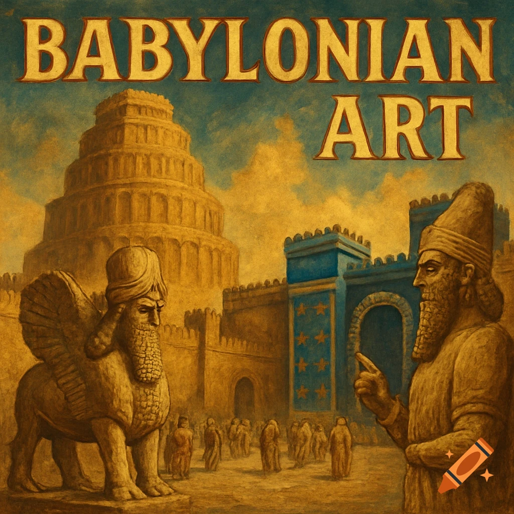 Stylized depiction of ancient Babylonian art, featuring a ziggurat, a lamassu, and a bearded figure, with 'BABYLONIAN ART' text.
