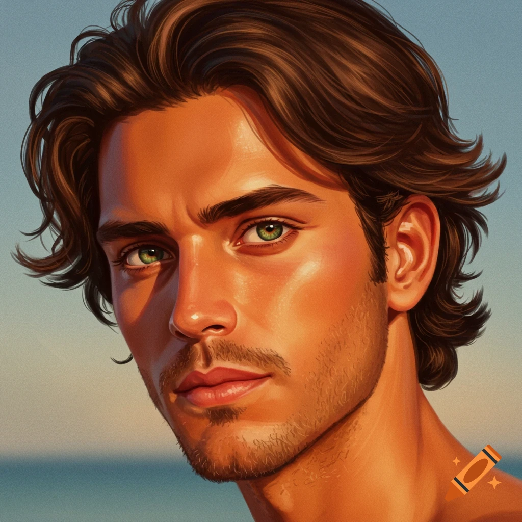 Close-up portrait of a tanned man with brown wavy hair, green eyes, and light stubble, lit by warm sunlight with an ocean background.