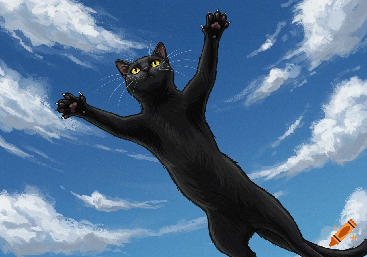 A black cat with yellow eyes and outstretched paws against a blue sky with white clouds, appearing to fly or fall.