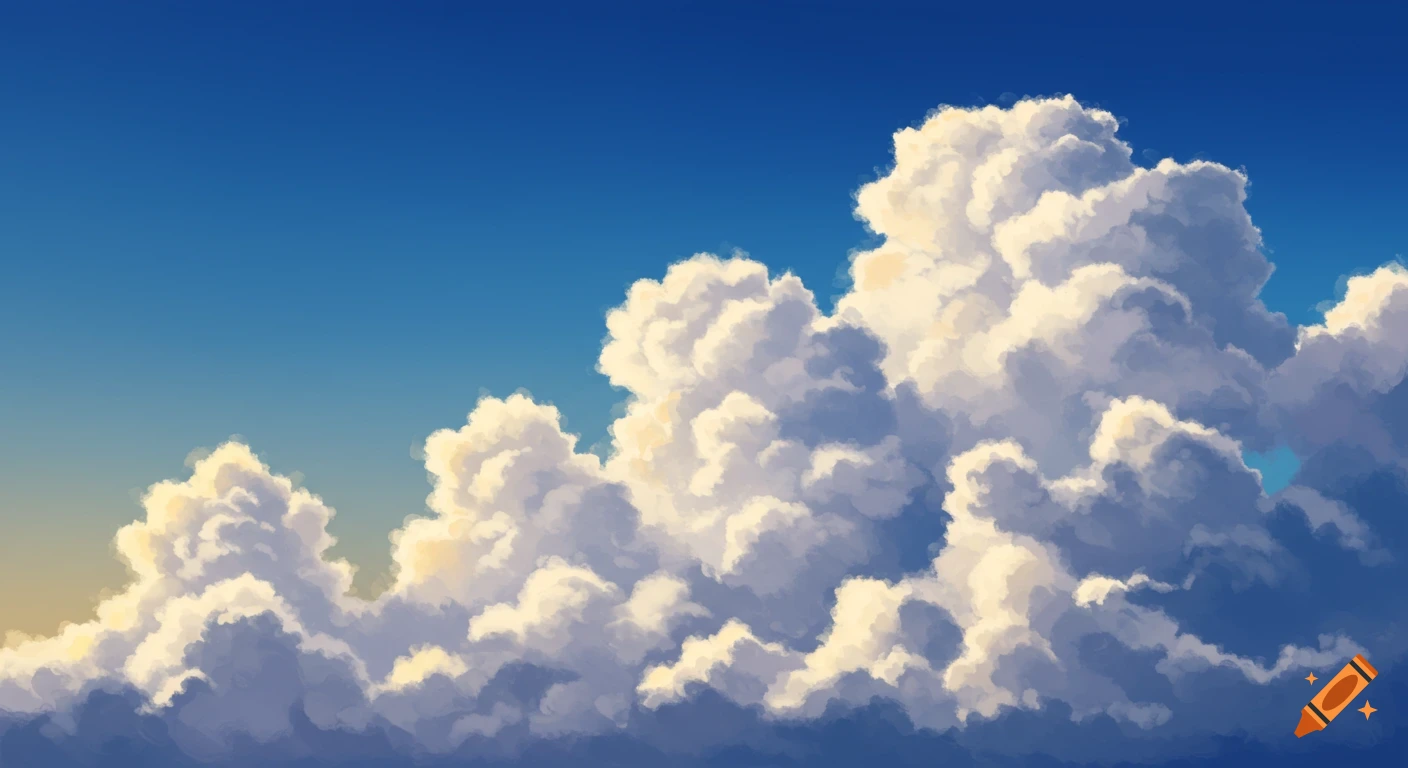Fluffy white cumulus clouds against a vibrant blue sky, bathed in warm sunlight.