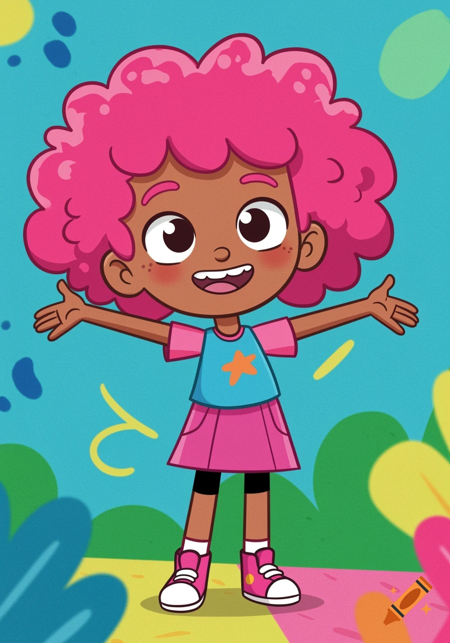 A cheerful cartoon girl with dark skin and pink curly hair smiles with arms open wide, wearing a blue shirt and pink skirt.