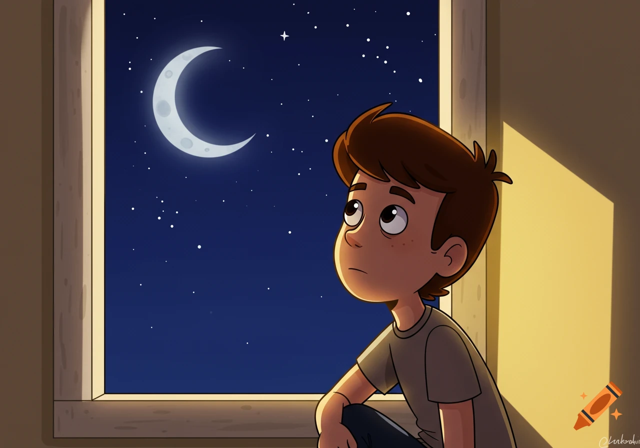 A cartoon boy with brown hair looks up at a crescent moon and stars through an open window at night.