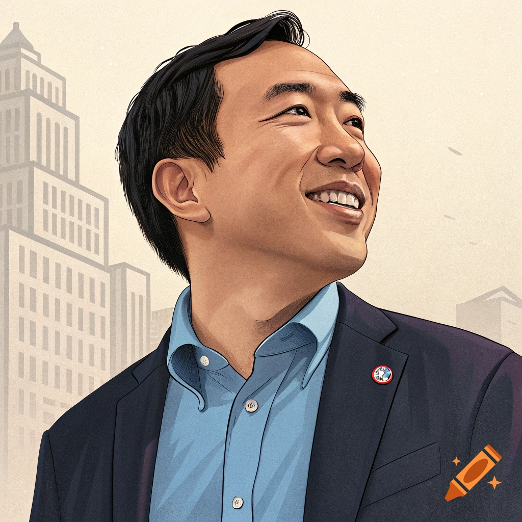 Illustrated portrait of Andrew Yang smiling, looking up, with a city skyline behind him.