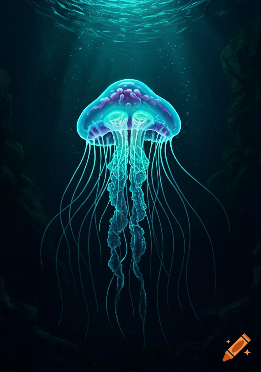 A vibrant, glowing blue and purple jellyfish floats in the dark depths of the ocean, lit by sunlight from above.