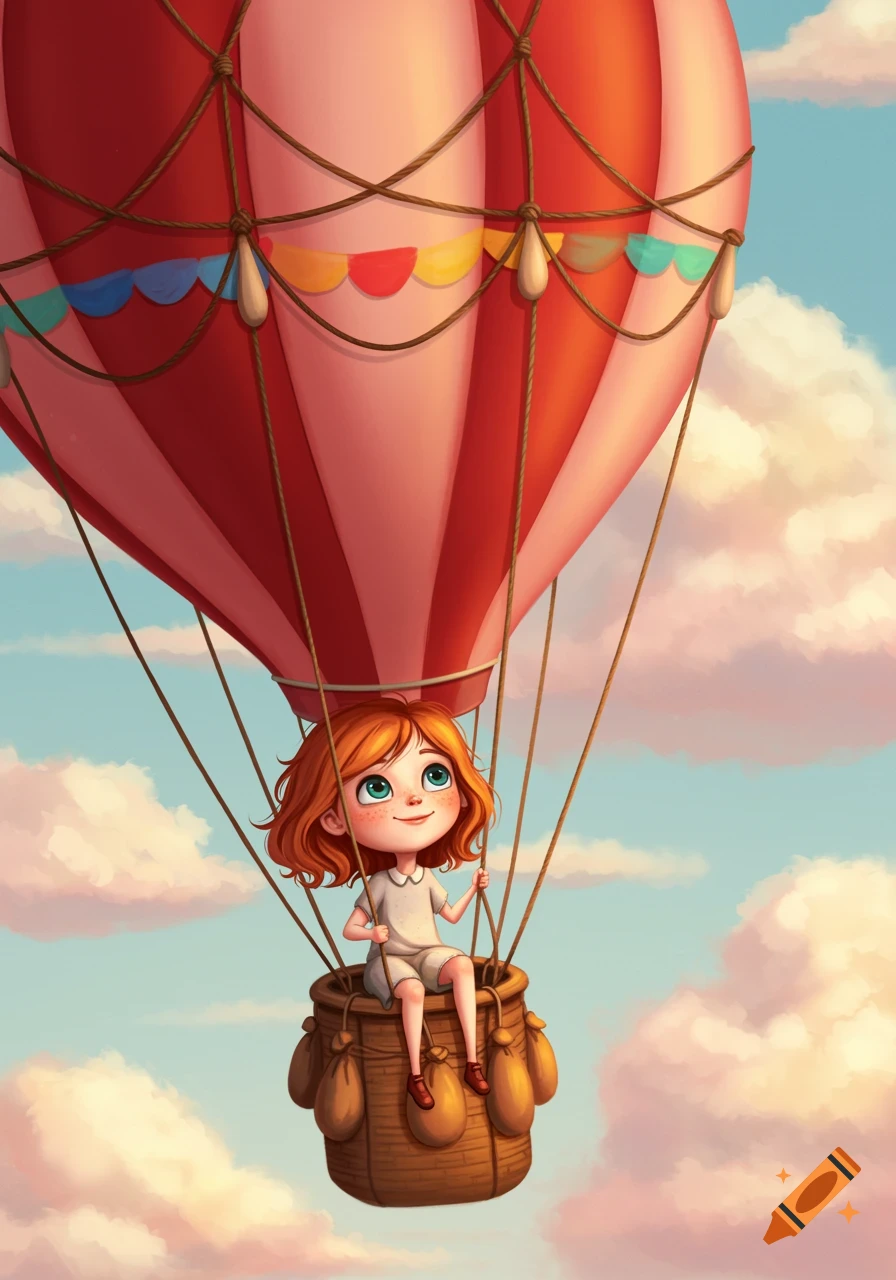 A cute, red-haired cartoon girl smiles while riding in a basket beneath a striped hot air balloon amidst clouds.