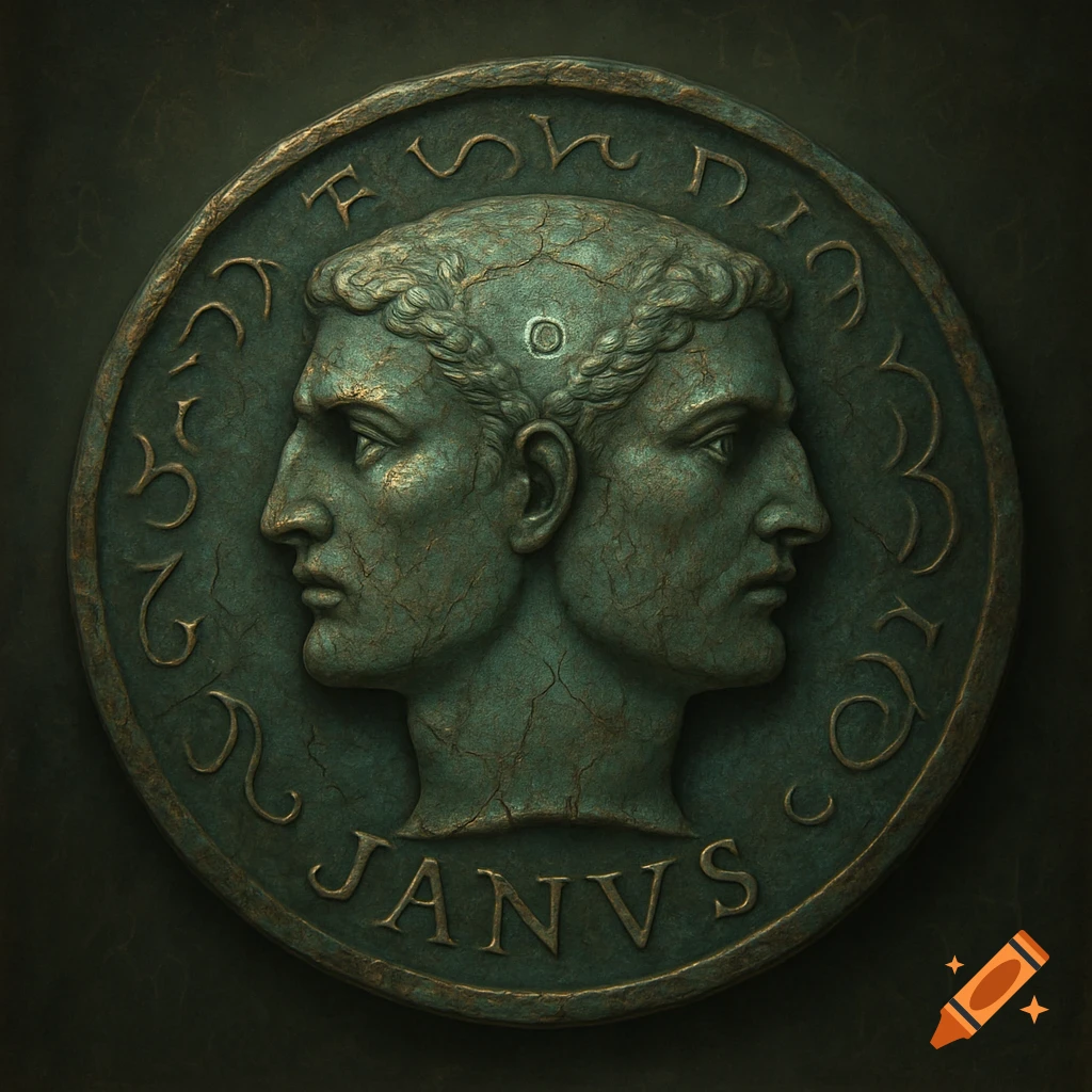 Ancient Roman-style coin with two faces (Janus) on a weathered, patinated surface, surrounded by glyphs.