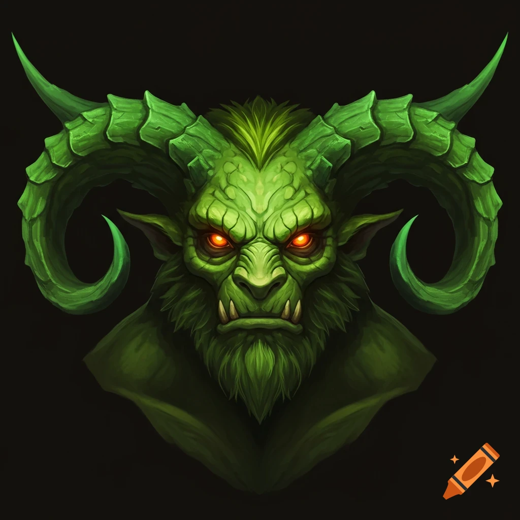 Detailed illustration of a green beast with large horns, glowing red eyes, and tusks, looking forward.