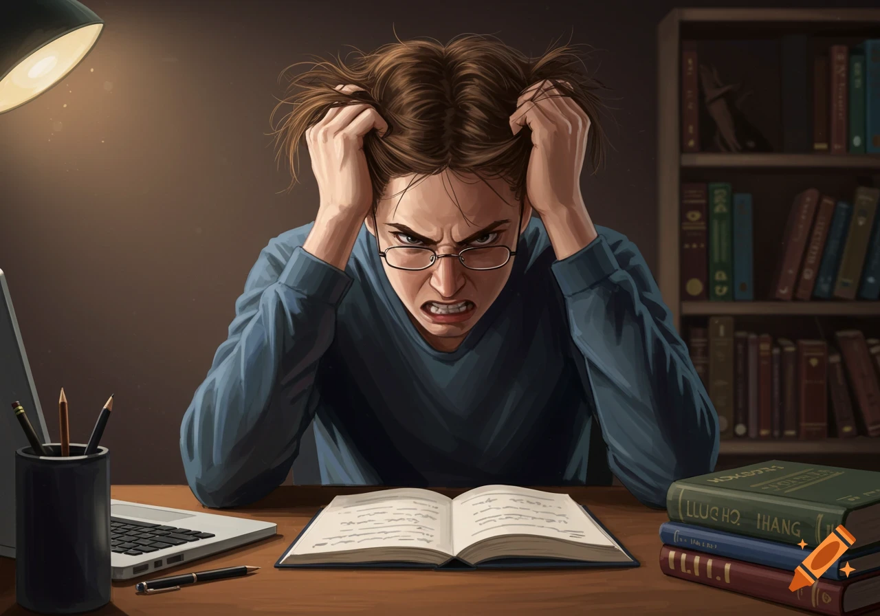An agitated person with messy hair pulls at their head, sitting at a desk with an open book and laptop, in an illustrated style.