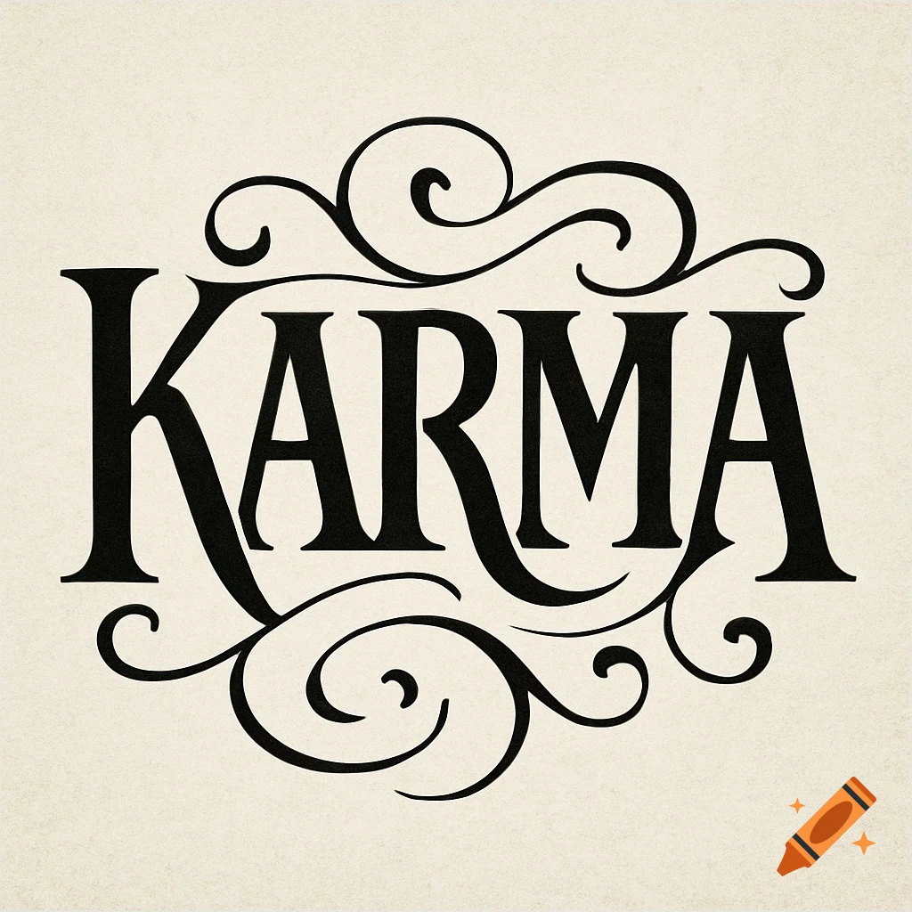 Black ambigram of the word KARMA with elegant decorative flourishes on a light background.