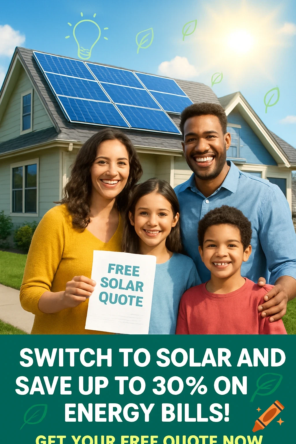 A smiling, diverse family stands in front of a house with solar panels. The mother holds a 'Free Solar Quote' sign. Overlay text reads 'Switch to Solar and Save Up to 30% on Energy Bills! Get Your Free Quote Now.'