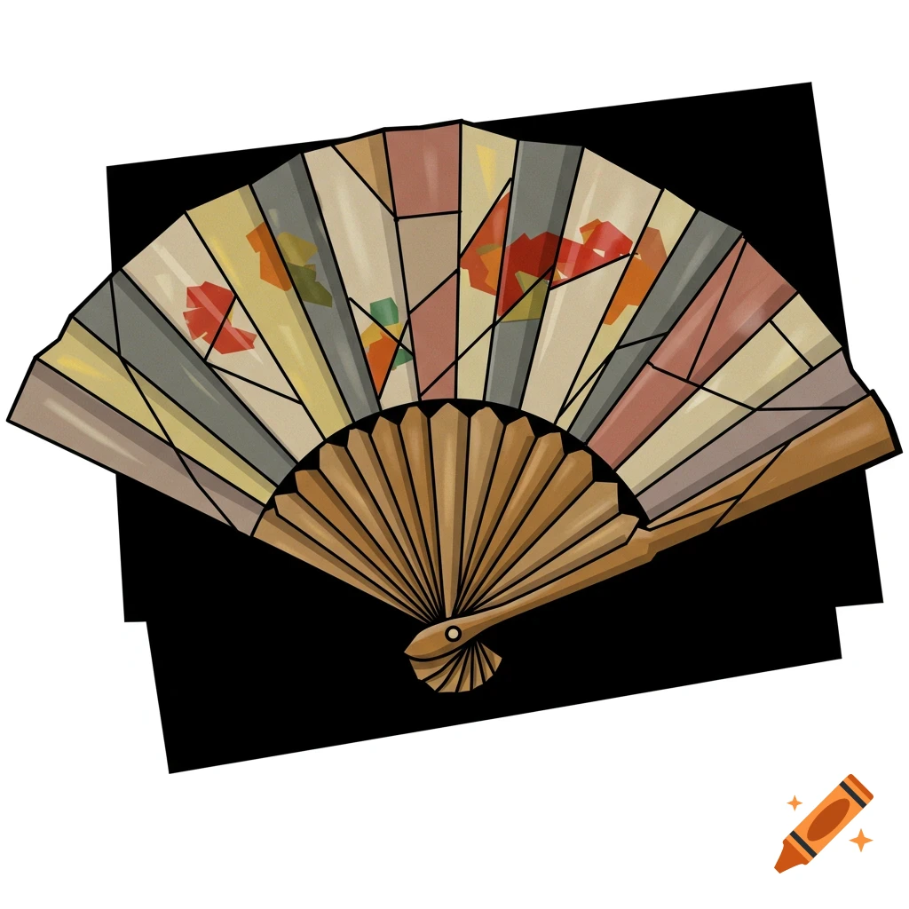 A hand fan in a cubism style, featuring geometric panels with abstract patterns and a wooden base.