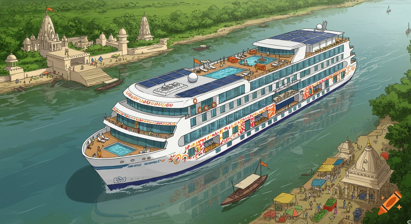 An illustrated aerial view of a large cruise ship with solar panels sailing on a river in India, passing temples and busy riverbanks.