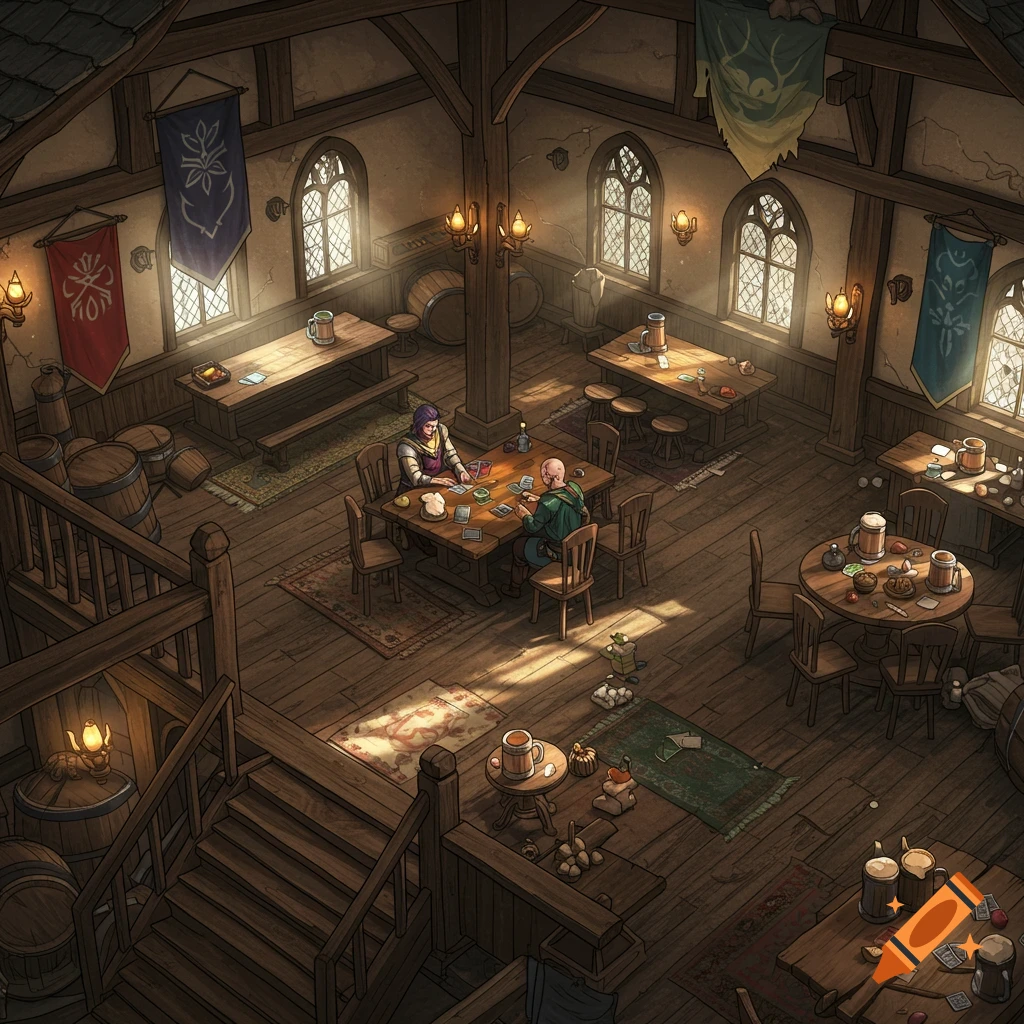 Top-down isometric view of a bustling medieval fantasy tavern with wooden beams, arched windows, and patrons at tables.