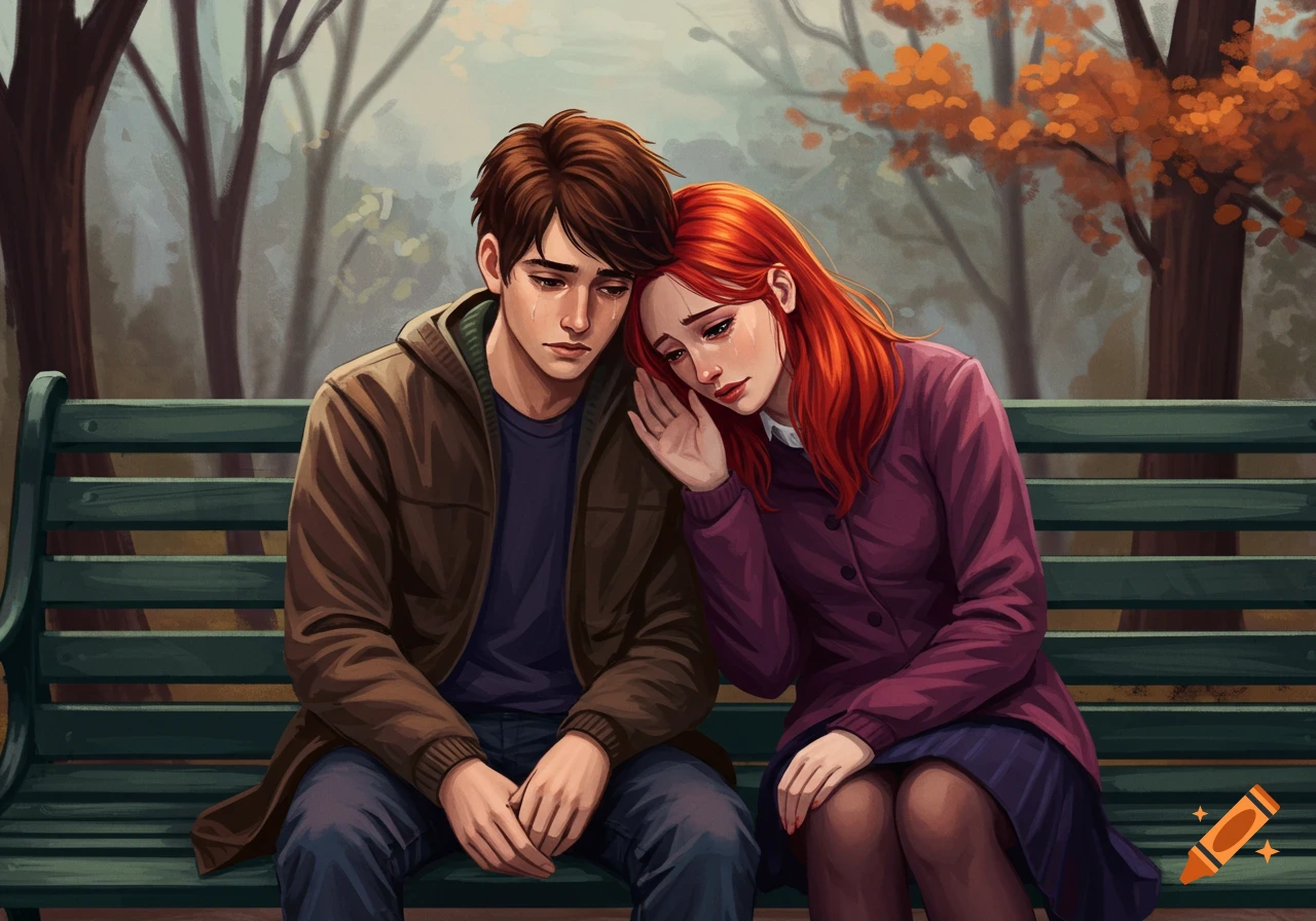 Illustration of a crying man and a woman comforting him, sitting on a park bench.